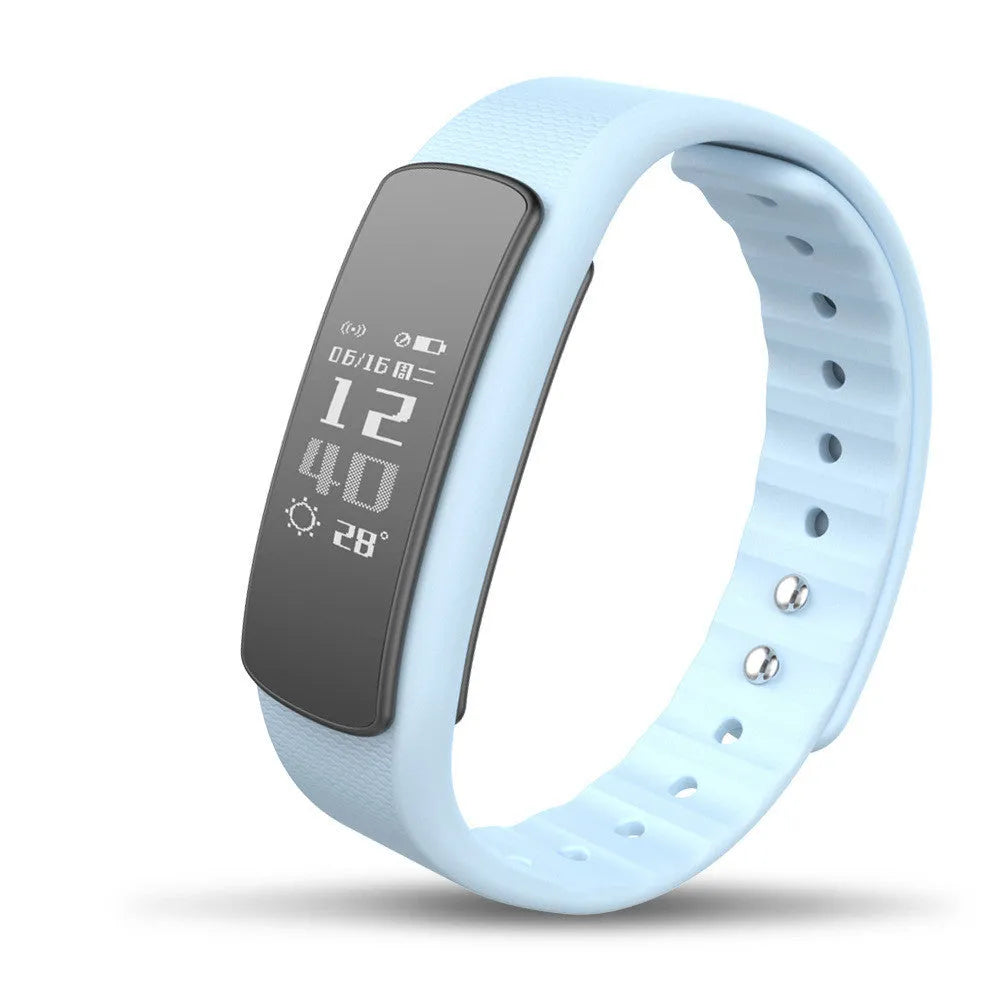 I6 smart sports bracelet in black or green on a wrist, showing its 0.96-inch colour touch screen.