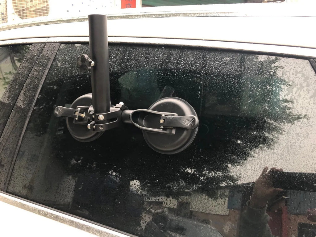 Black off-road car flagpole sucker base with round glass suction cup, showing ABS and rubber construction.