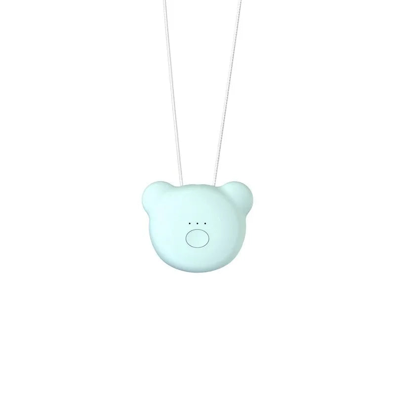 Mini USB air purifier necklace in blue, showing compact rectangular design on a lanyard.