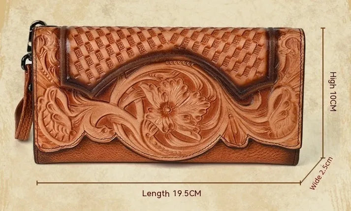 Chinese-style floral embossed tri-fold women's wallet in retro brown cowhide leather