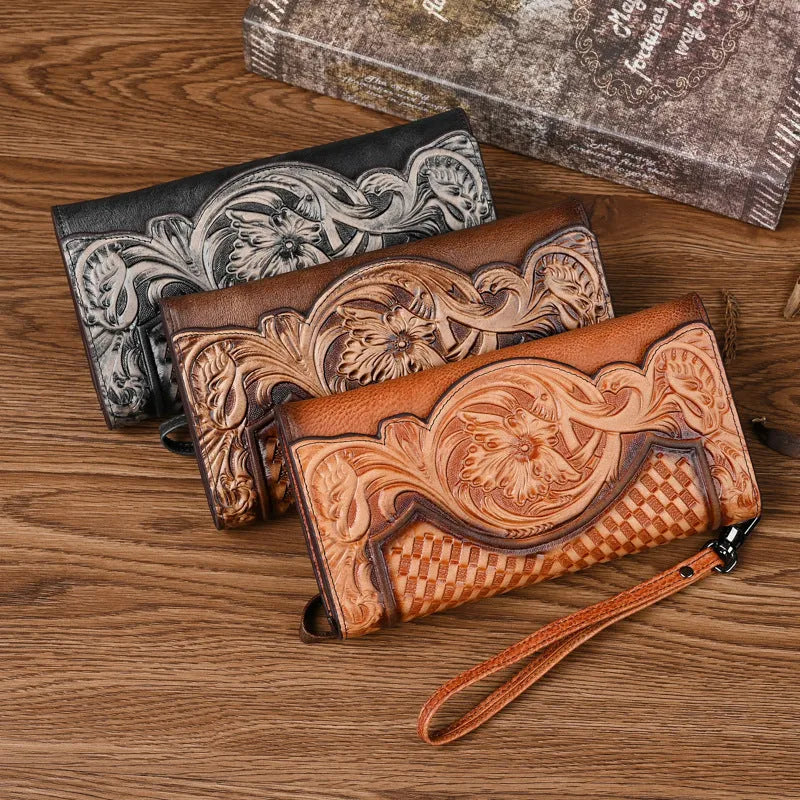 Chinese-style floral embossed tri-fold women's wallet in retro brown cowhide leather