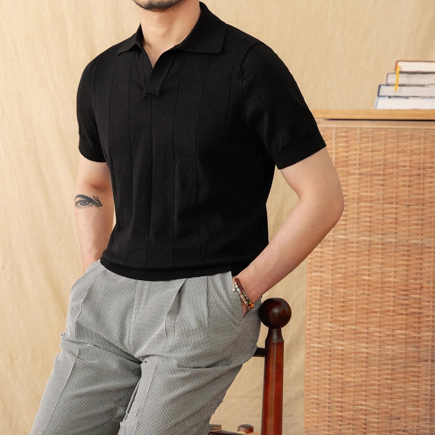 Cotton and linen blend polo shirt with sunken stripe knitted pattern and seagull collar in multiple colour options