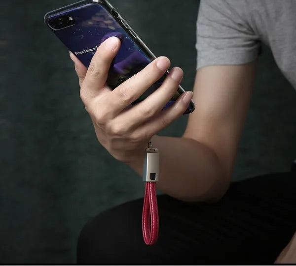 Red leather and zinc alloy braided USB C to Apple Lightning charging cable, 20cm long.