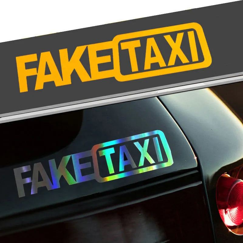 Yellow Fake Taxi waterproof car sticker on a vehicle window, showing 20cm by 8cm size.