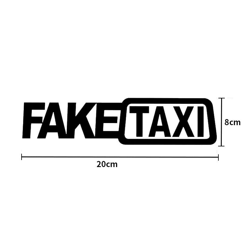 Yellow Fake Taxi waterproof car sticker on a vehicle window, showing 20cm by 8cm size.