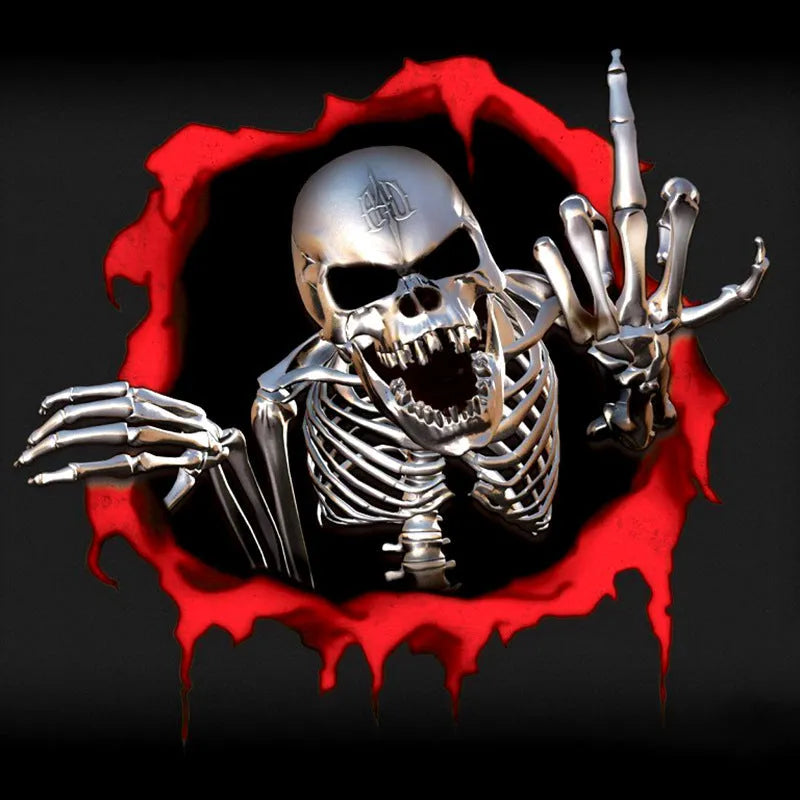 Close-up of a colourful reflective metal skull vinyl car sticker with a broken shell pattern.