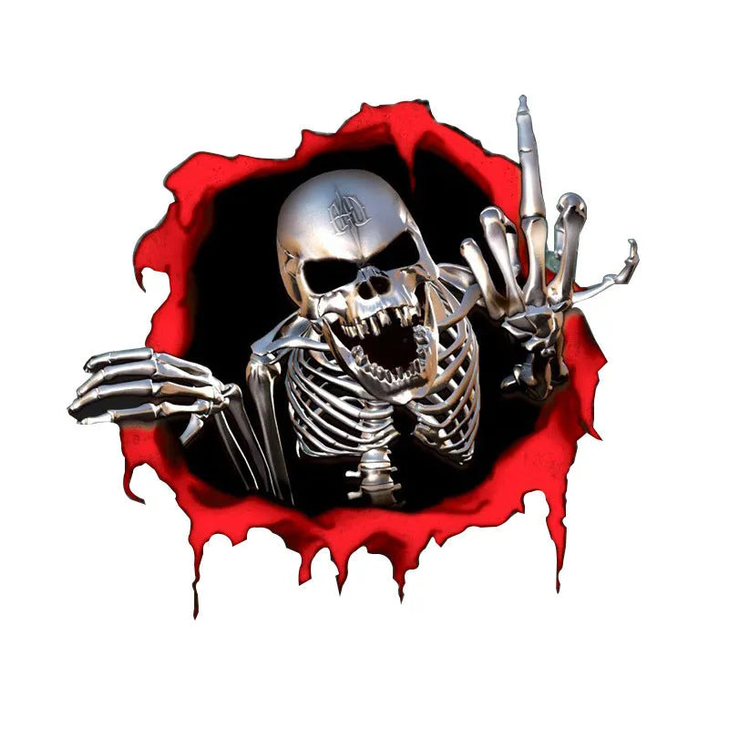 Close-up of a colourful reflective metal skull vinyl car sticker with a broken shell pattern.