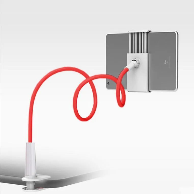 Black aluminium alloy bedside phone stand with a long flexible arm holding a mobile phone on a table.