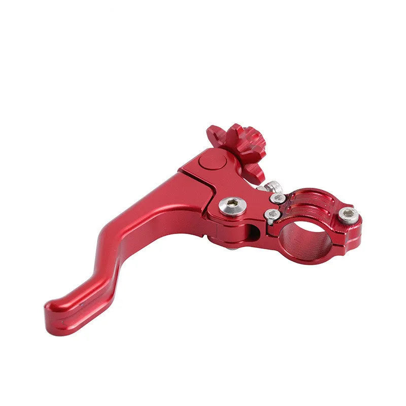 CNC aluminium motorcycle clutch lever shown in multiple colour options including red, black, silver, and gold.