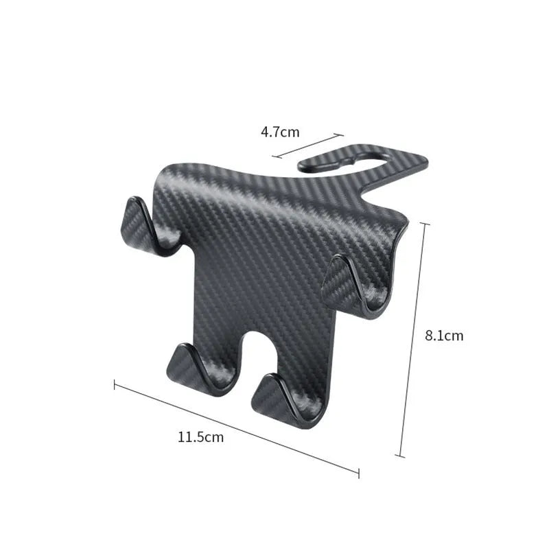 Black ABS plastic car hook with integrated mobile phone holder bracket for rear seat back.
