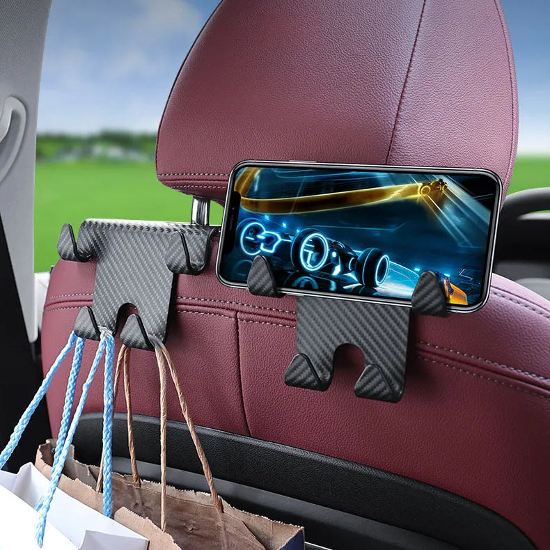 Black ABS plastic car hook with integrated mobile phone holder bracket for rear seat back.
