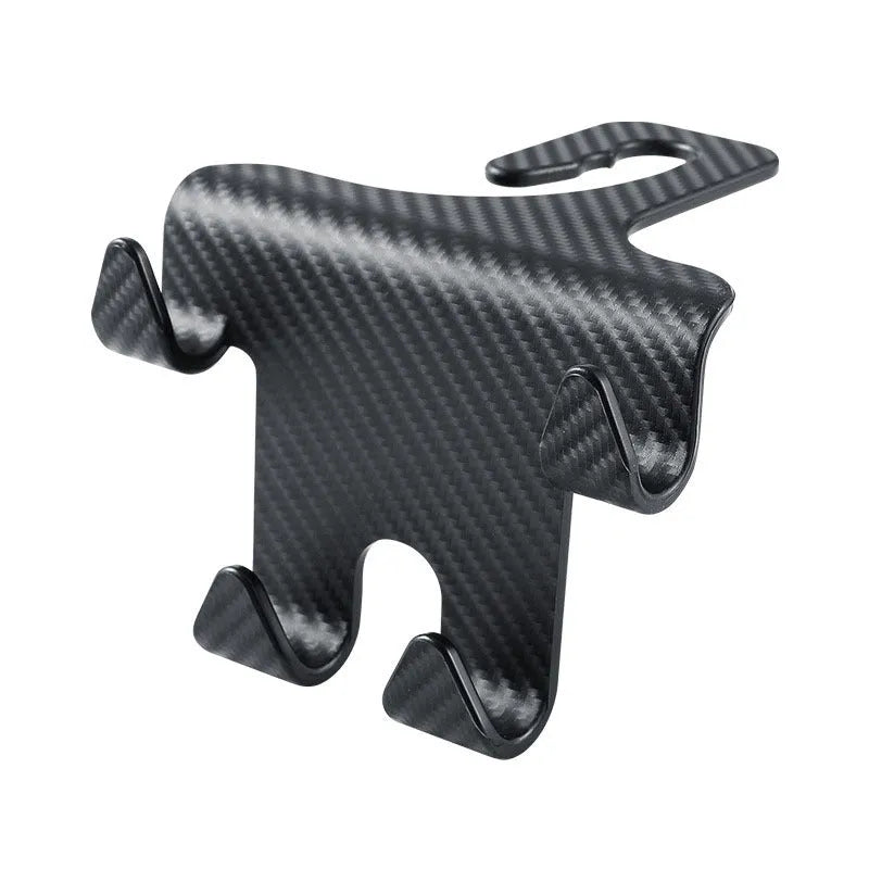 Black ABS plastic car hook with integrated mobile phone holder bracket for rear seat back.