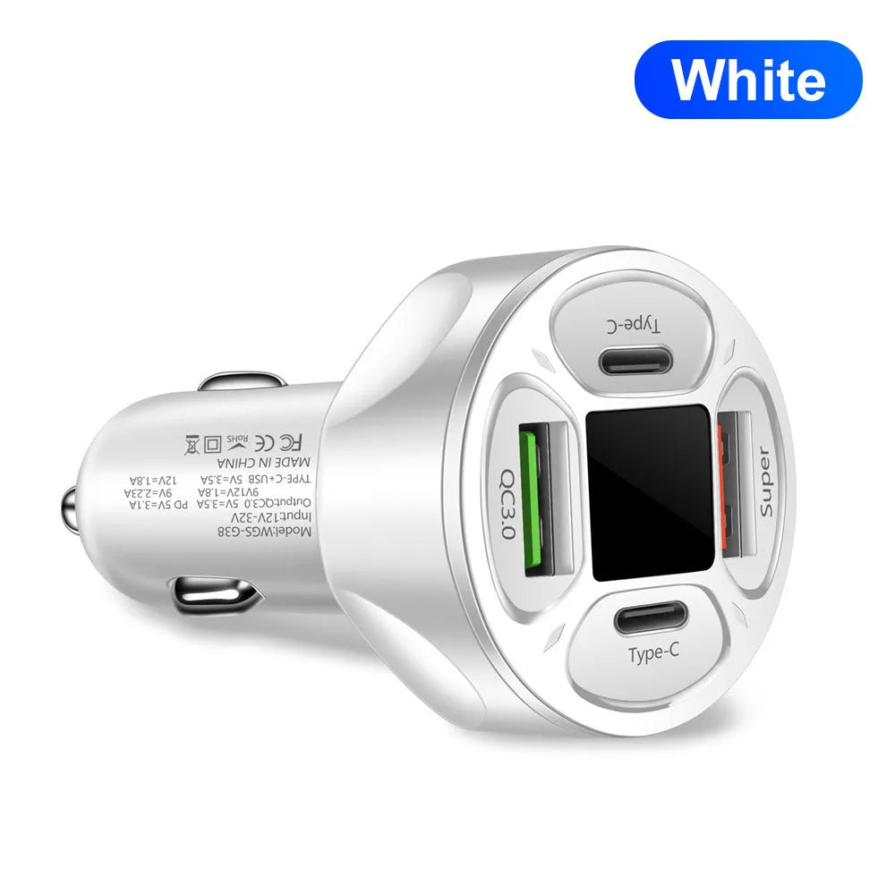 66W black car charger with digital display, two USB ports and two Type-C ports