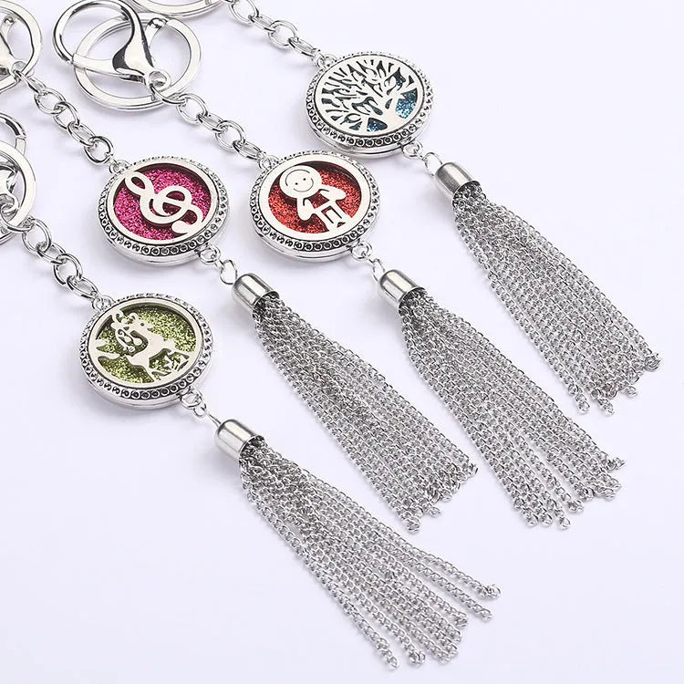 Alloy car pendant with coloured tassel and 50cm chain for aromatherapy fragrance diffusion