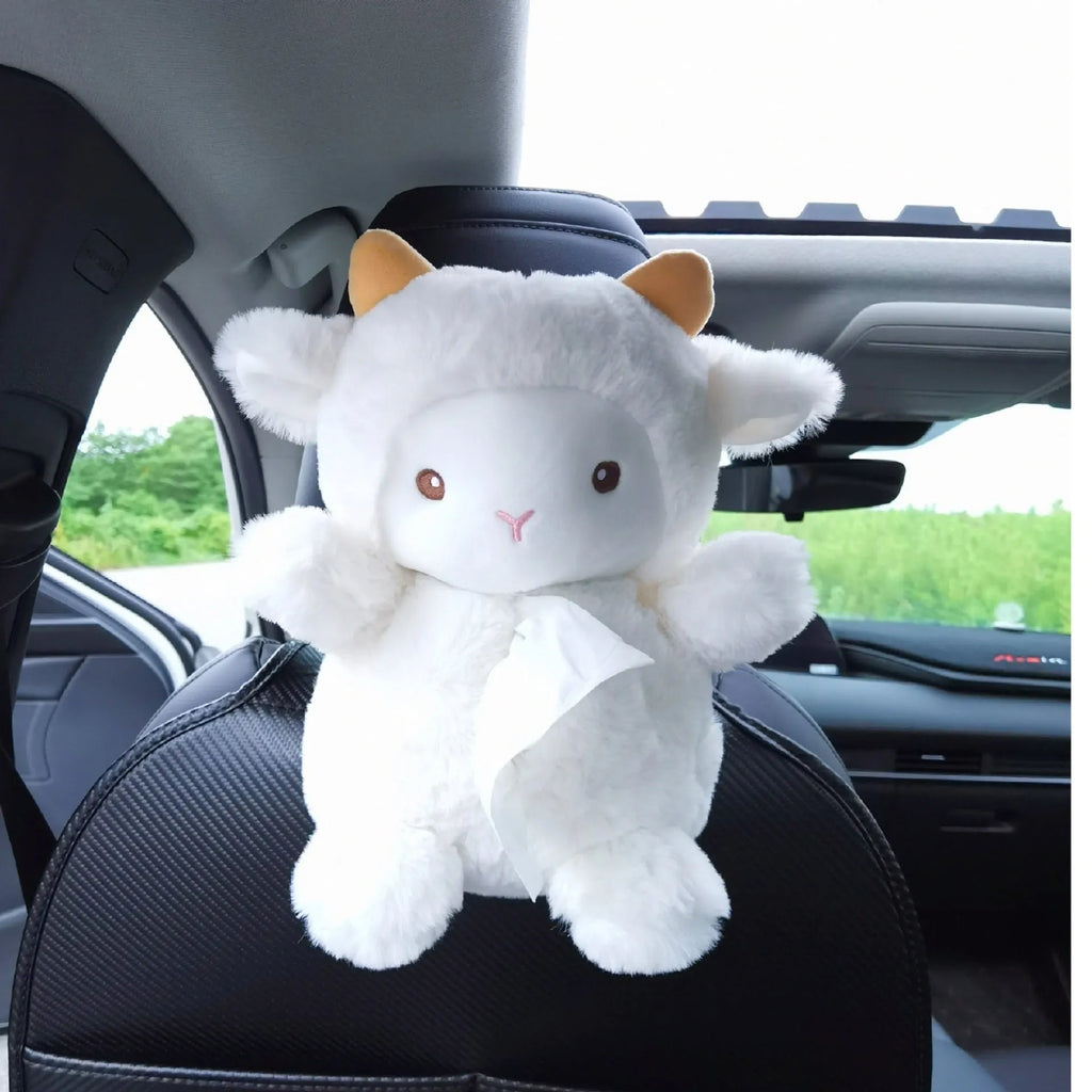 Plush lamb cartoon car tissue box for vehicle and home decoration with soft material