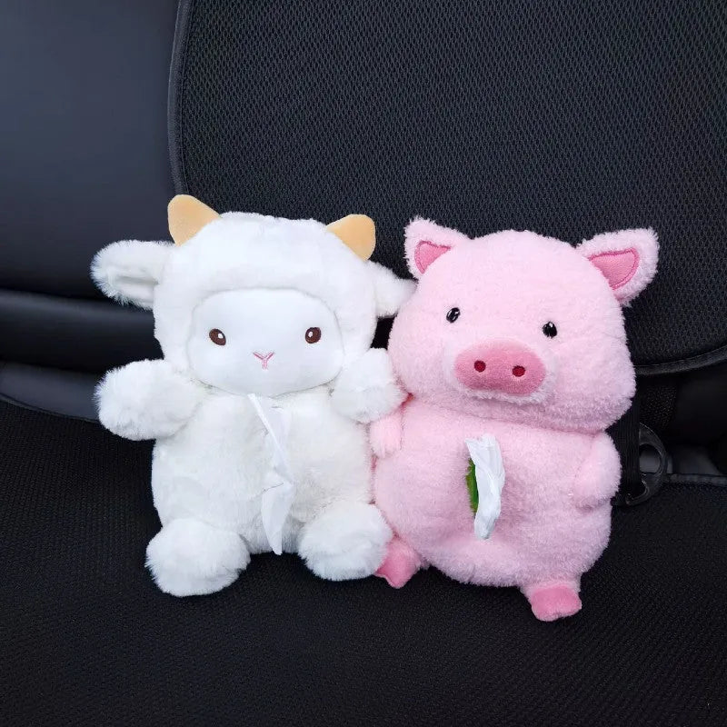 Plush lamb cartoon car tissue box for vehicle and home decoration with soft material