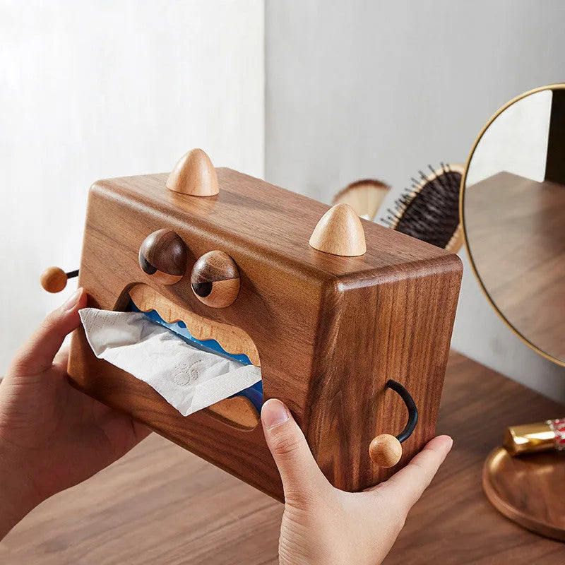 Wooden tissue box holder with Little Monster cartoon design measuring 190x104x125mm
