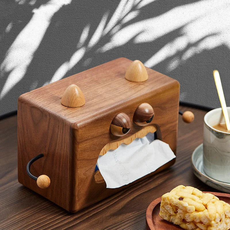 Wooden tissue box holder with Little Monster cartoon design measuring 190x104x125mm