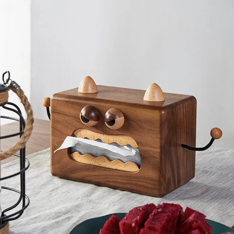 Wooden tissue box holder with Little Monster cartoon design measuring 190x104x125mm