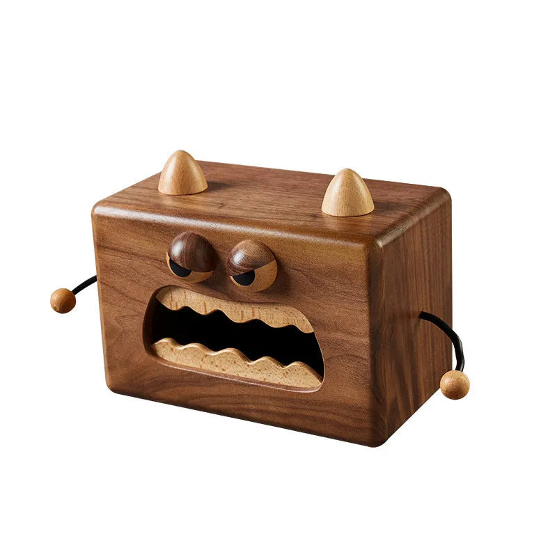 Wooden tissue box holder with Little Monster cartoon design measuring 190x104x125mm