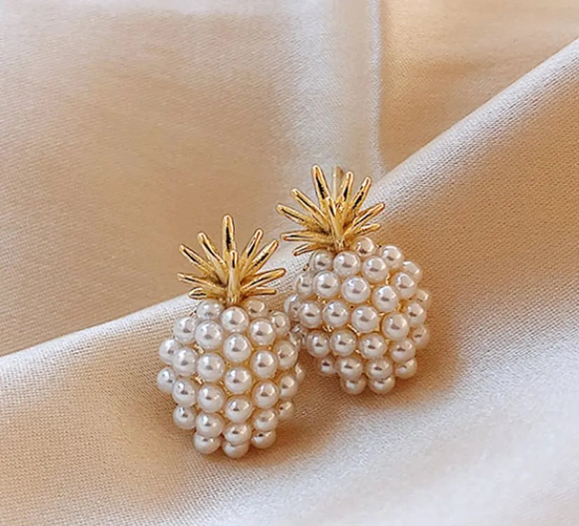 Korean style pineapple starfish pearl earrings in alloy with electroplated finish and artificial gemstone inlay