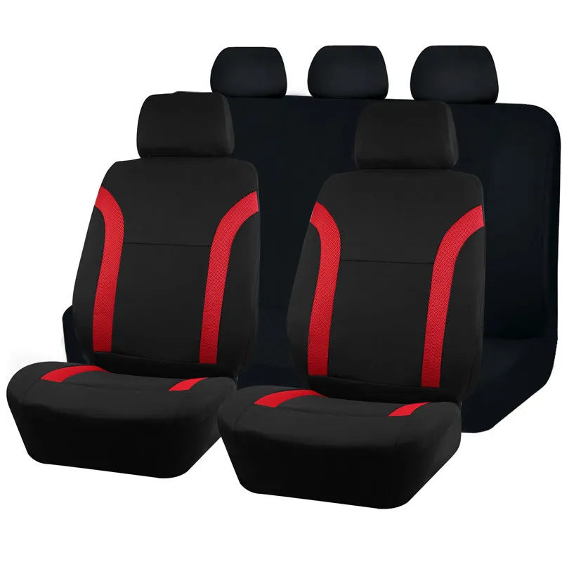 Universal polyester car seat cover set with eyelet stitching in black, blue, grey, or red colour options