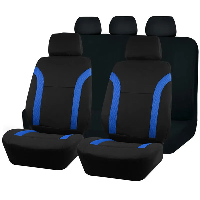 Universal polyester car seat cover set with eyelet stitching in black, blue, grey, or red colour options