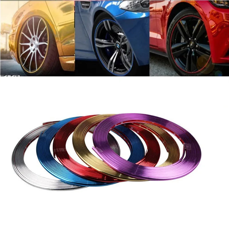 8 metre roll of electroplated purple PVC wheel hub trim strip on a white background.