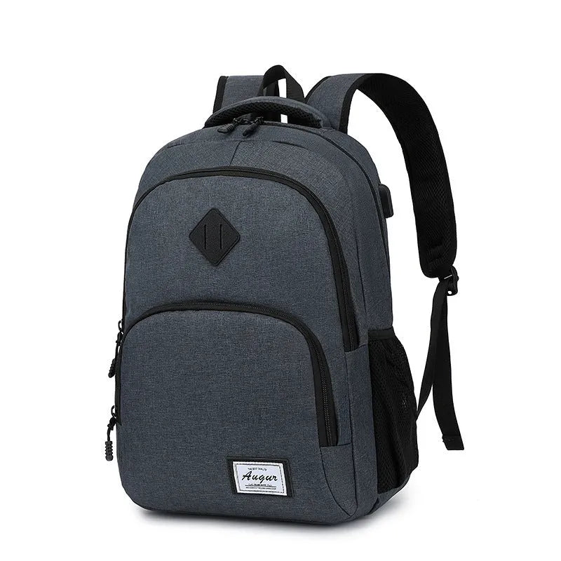 Grey lightweight backpack with USB charging port and trolley sleeve showing 32x15x46cm dimensions