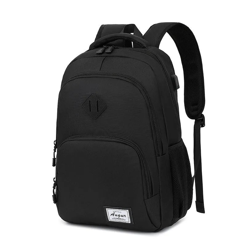 Grey lightweight backpack with USB charging port and trolley sleeve showing 32x15x46cm dimensions