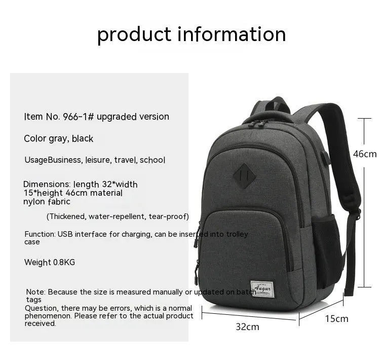 Grey lightweight backpack with USB charging port and trolley sleeve showing 32x15x46cm dimensions