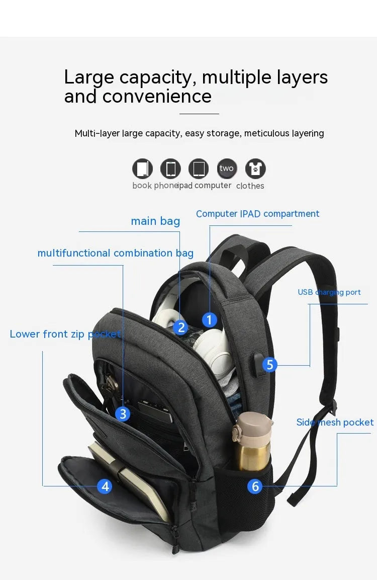 Grey lightweight backpack with USB charging port and trolley sleeve showing 32x15x46cm dimensions