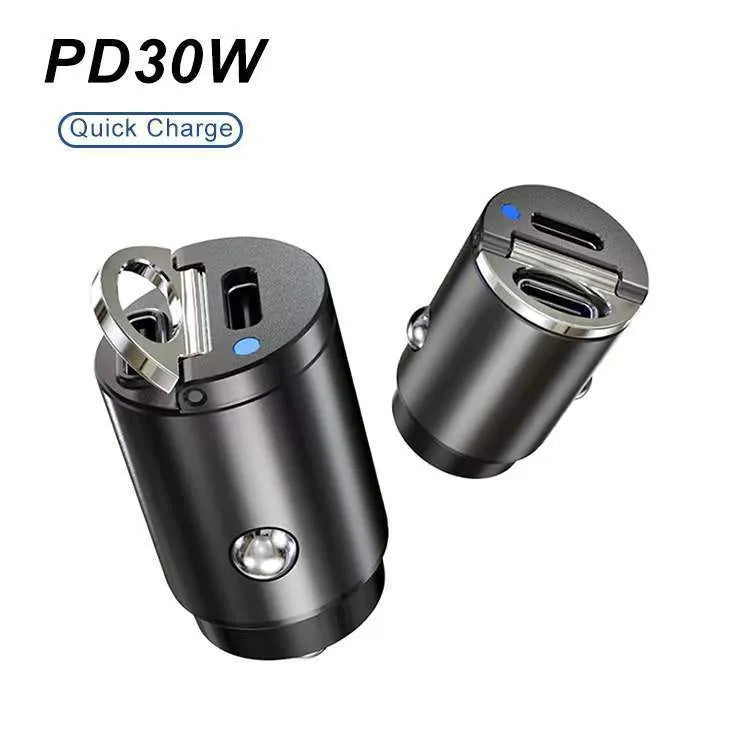 30W mini car charger with USB-C and QC3.0 ports in black zinc alloy housing