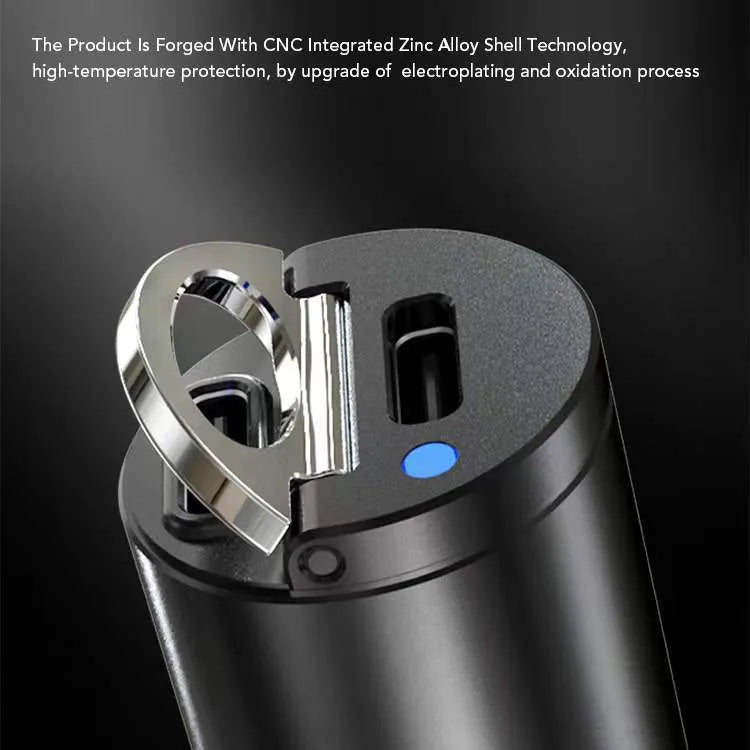 30W mini car charger with USB-C and QC3.0 ports in black zinc alloy housing