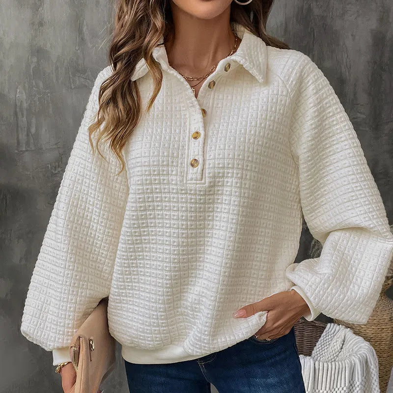 Women's textured polo collar sweater in milky white beige thickened polyester knit
