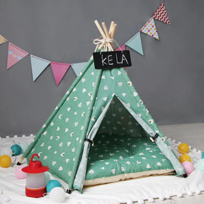 Green triangular cotton pet tent kennel for dogs and cats, wood stick splicing pet nest in S M L sizes