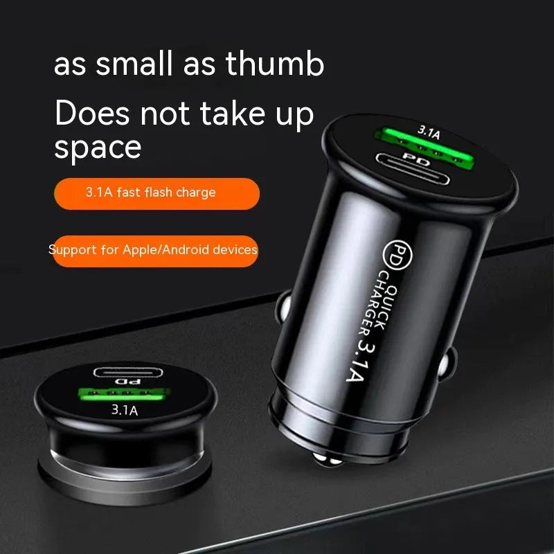Dual USB port car charger converter in black bare metal for 12V cigarette lighter socket charging