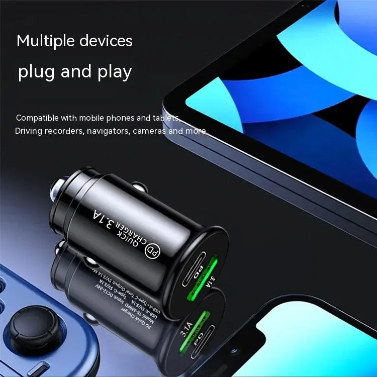 Dual USB port car charger converter in black bare metal for 12V cigarette lighter socket charging