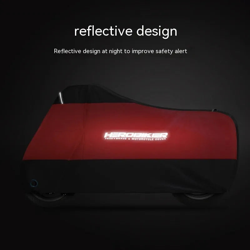 Black polyester motorcycle cover shown on electric vehicle with size options from M to XXXXL