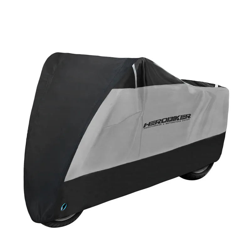 Black polyester motorcycle cover shown on electric vehicle with size options from M to XXXXL