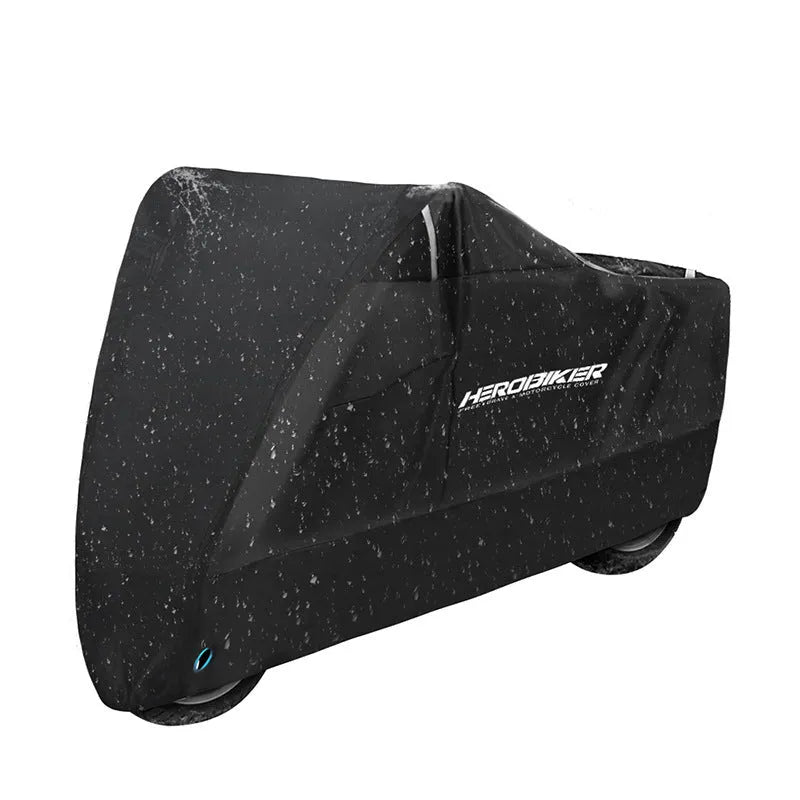 Black polyester motorcycle cover shown on electric vehicle with size options from M to XXXXL