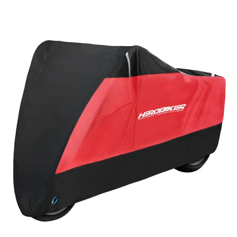 Black polyester motorcycle cover shown on electric vehicle with size options from M to XXXXL