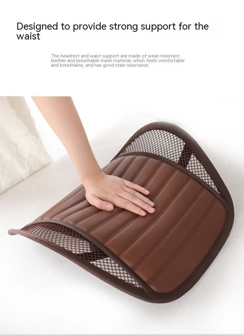 Leather lumbar support cushion for car seat, available in multiple colours including amber brown and sapphire blue.