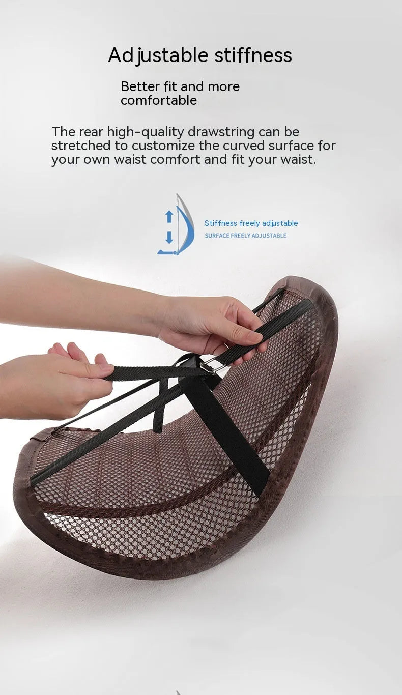 Leather lumbar support cushion for car seat, available in multiple colours including amber brown and sapphire blue.