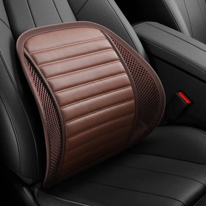 Leather lumbar support cushion for car seat, available in multiple colours including amber brown and sapphire blue.