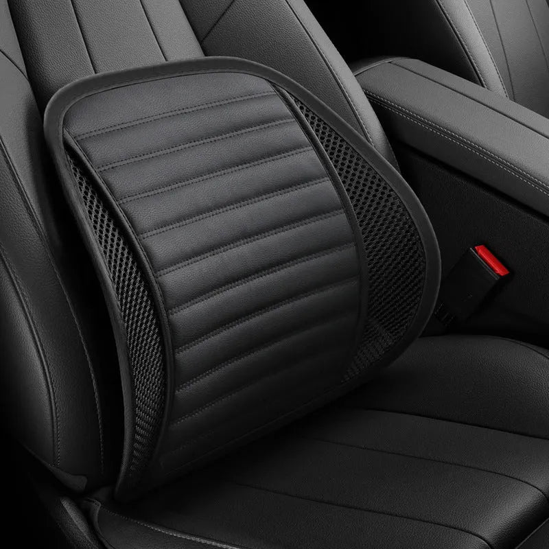 Leather lumbar support cushion for car seat, available in multiple colours including amber brown and sapphire blue.