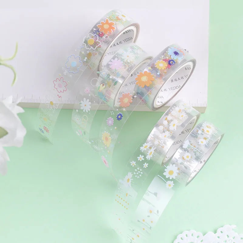 Five rolls of transparent adhesive tape with midsummer daisy cartoon pattern on clear PET polyester