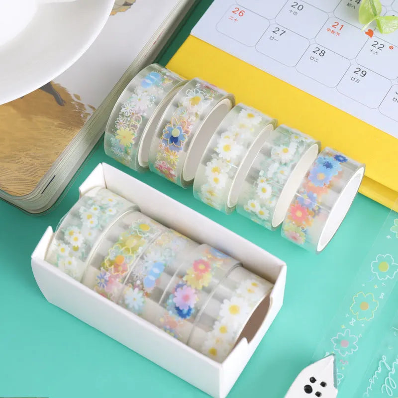 Five rolls of transparent adhesive tape with midsummer daisy cartoon pattern on clear PET polyester