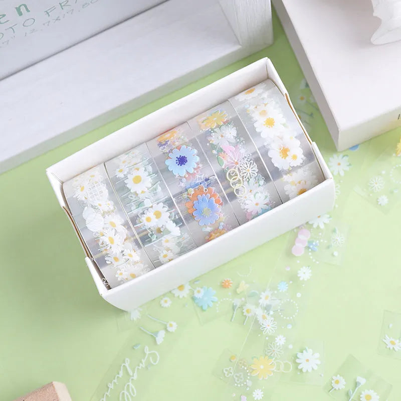 Five rolls of transparent adhesive tape with midsummer daisy cartoon pattern on clear PET polyester