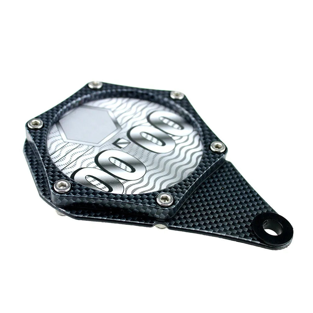Black carbon fibre pattern metal motorcycle tax disc holder with anti-theft screw
